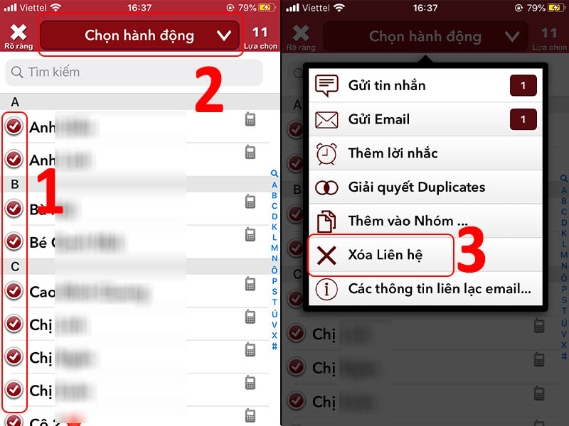 Chọn những liên hệ cần xóa